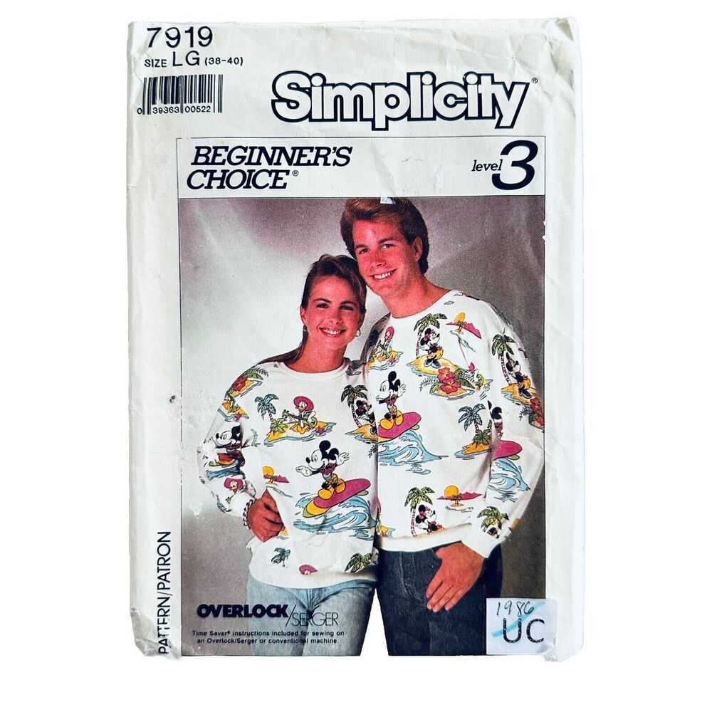 Vintage 80s Simplicity Sewing Pattern 7919 Unisex Sweatshirts Size L (38-40) UC